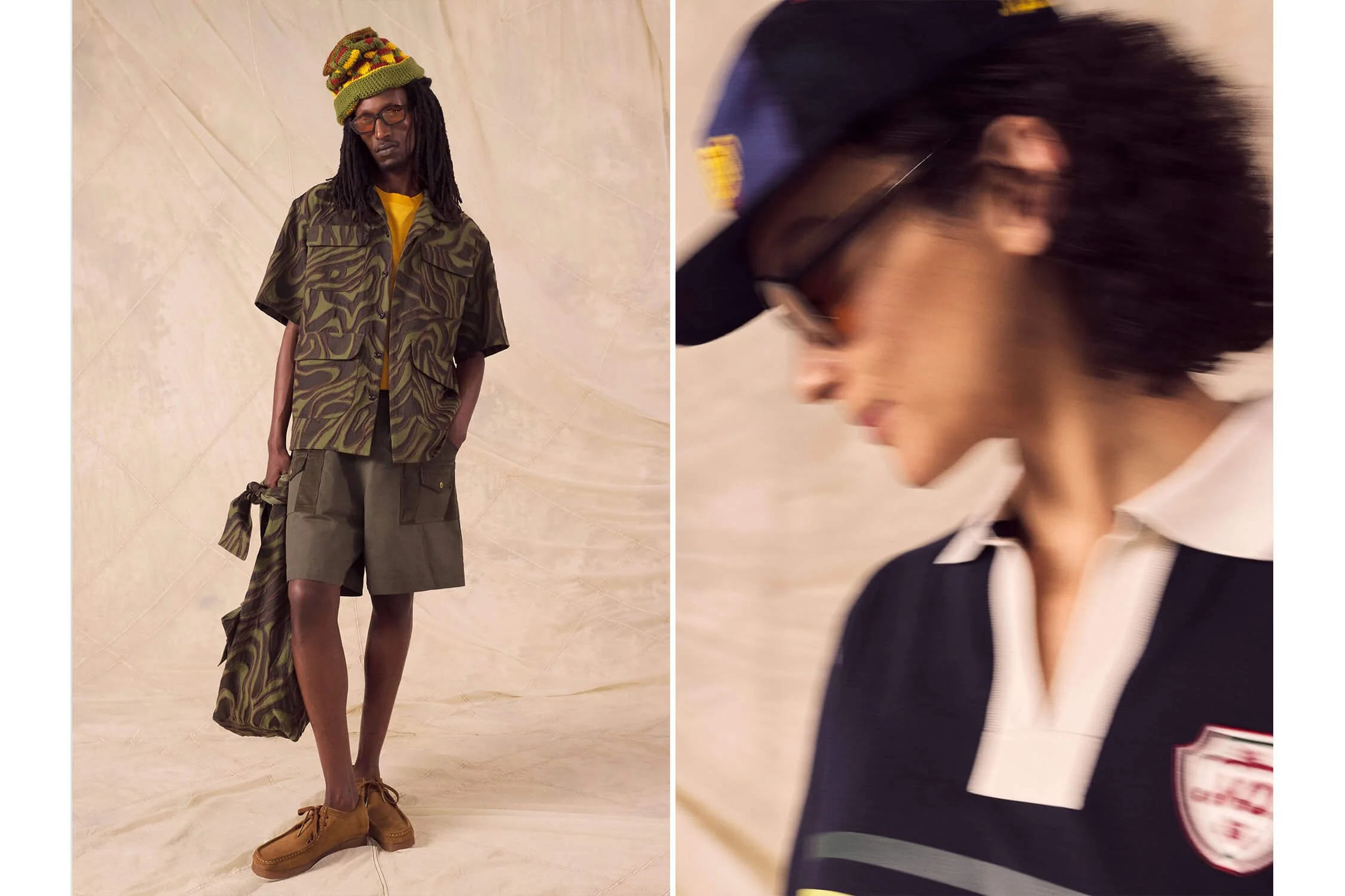 male and female models wearing nicholas daley clothing. stood on material background in beige.