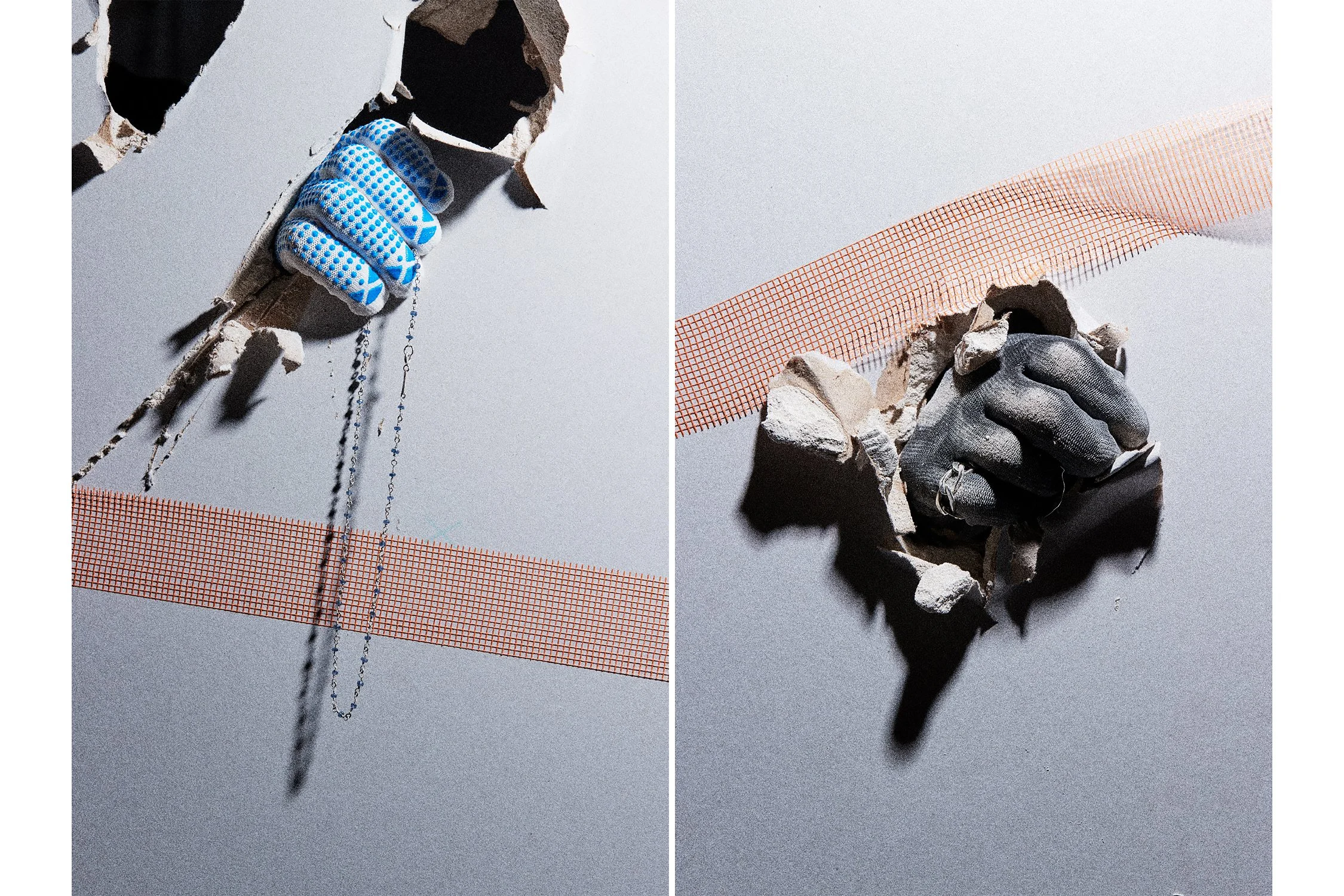 Pearls Before Swine jewellery piece on plaster board background. model wearing gloves.