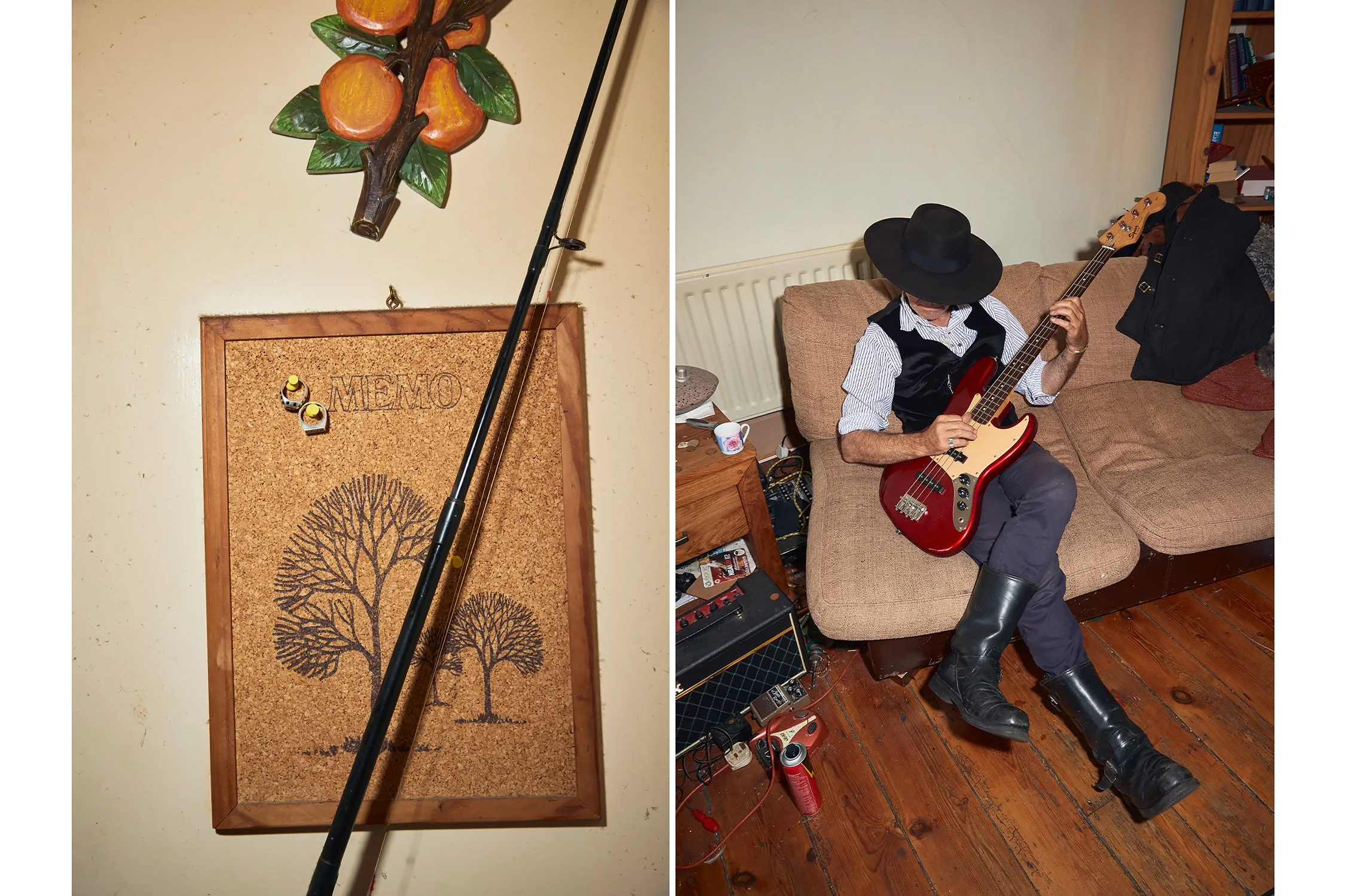man playing guitar on the sofa wearing pearl before swine jewellery