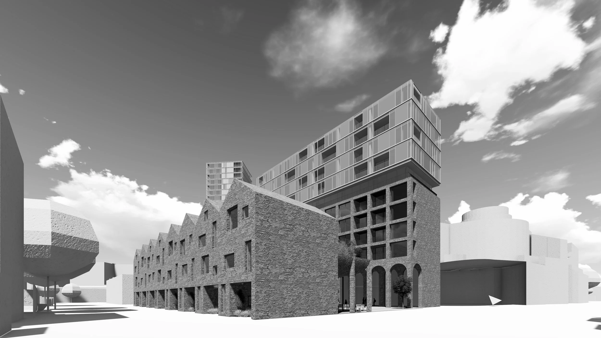 Re-organised residential street and shared retail/residential route through former service yard.