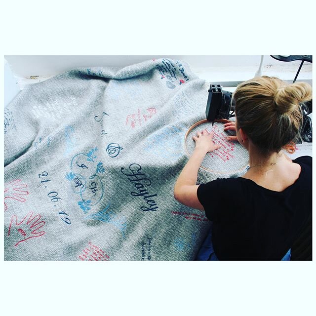 Happy Wedding Anniversary to my lovely friends James and Hayley 💕 for their wedding gift I collected hand written messages from lots of their friends and embroidered them on to this beautiful @britishblankets blanket . I also added the artwork from 