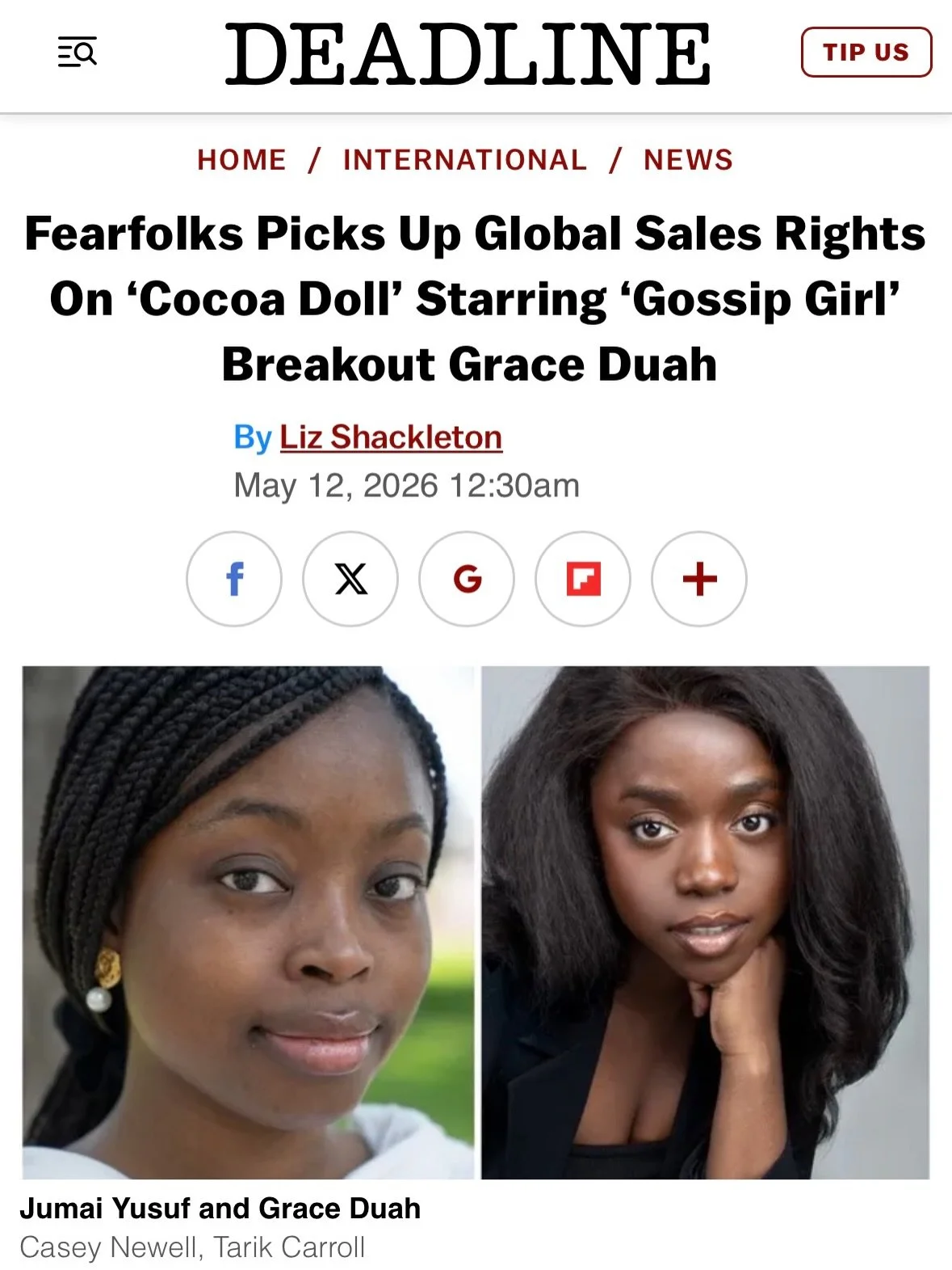 Cocoa Doll hits Deadline just in time for the Cannes market, with the lovely @_graceduah getting her shine 🤩 I&rsquo;m so excited to be adding Fearfolks, Benetone, and Zoic Studios, to the team bringing this film to life. Thailand here we come!!! 🎥