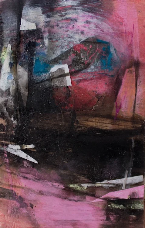 About New Mexico, 5 3/4"x3 3/4", Found Scraps of Paper, Collage, Fumage, 2016, sold