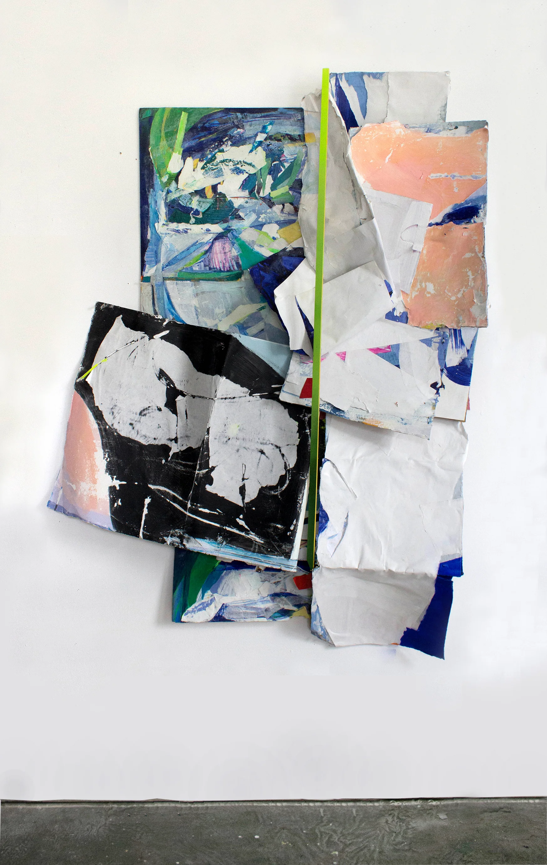 Thin Line, 54"x36"x7", Acrylic, Cardboard, Wood, Collage, Décollage on Panel and Paper, 2017