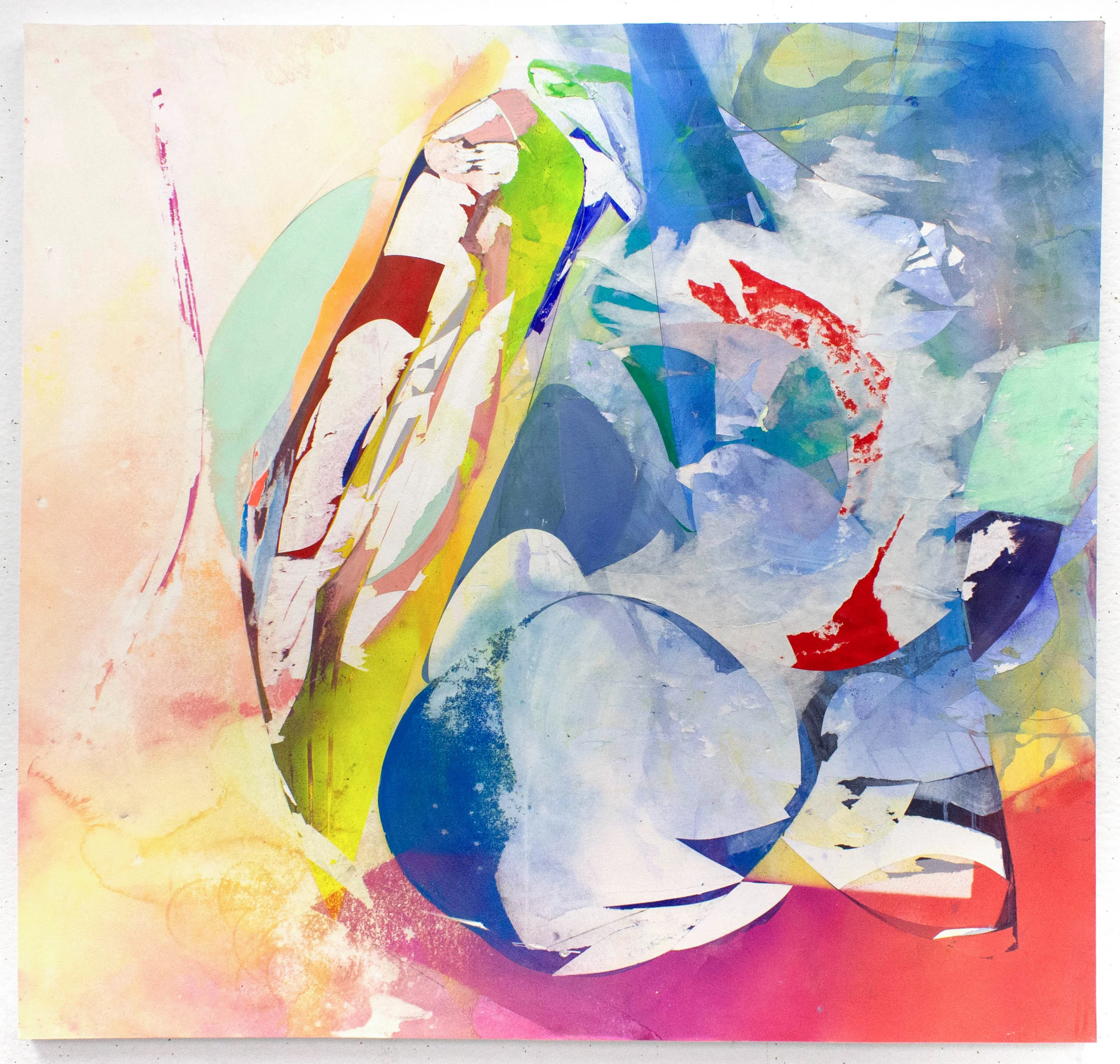 to the Sun, 41”x44”, Acrylic, Spray Paint, Collage on Paper, Mounted to Panel, 2019