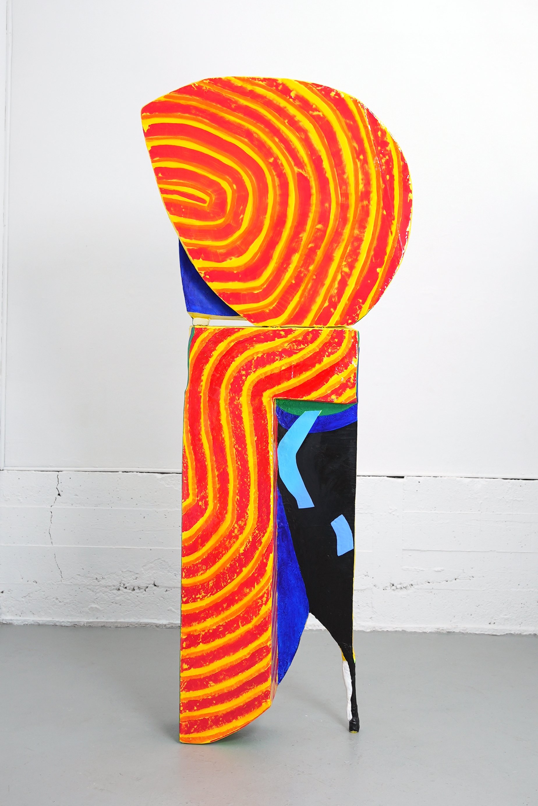   Panoply , Acrylic, Spray Paint, Fiberglass, Polymer, Tar from Indiana University Roof, Bloomington, IN, Wood from Elizabeth Murray’s Farm, Granville, NY, 91”x30”x12”, 2023 