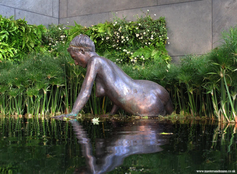 "Narcissa" - original unique water feature in electroformed copper no longer available, but you may commission your own water features or bronze garden sculptures in similar poses and styles. 