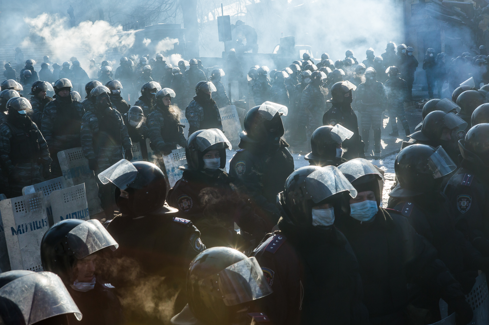  Police officers block the street near the Cabinet of Ministers building on January 24, 2014 in Kiev, Ukraine. After two months of primarily peaceful anti-government protests in the city center, new laws meant to end the protest movement have sparked