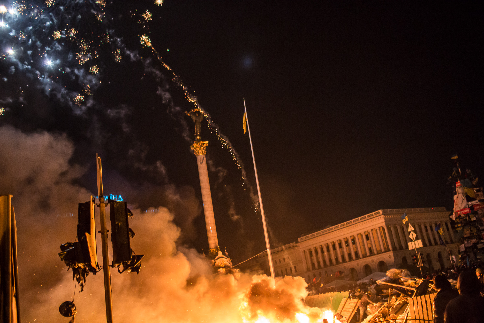  Fireworks fly over Independence Square, known as Maidan, during clashes in the early hours of on February 19, 2014 in Kiev, Ukraine. After several weeks of calm, violence has again flared between police and anti-government protesters, who are callin