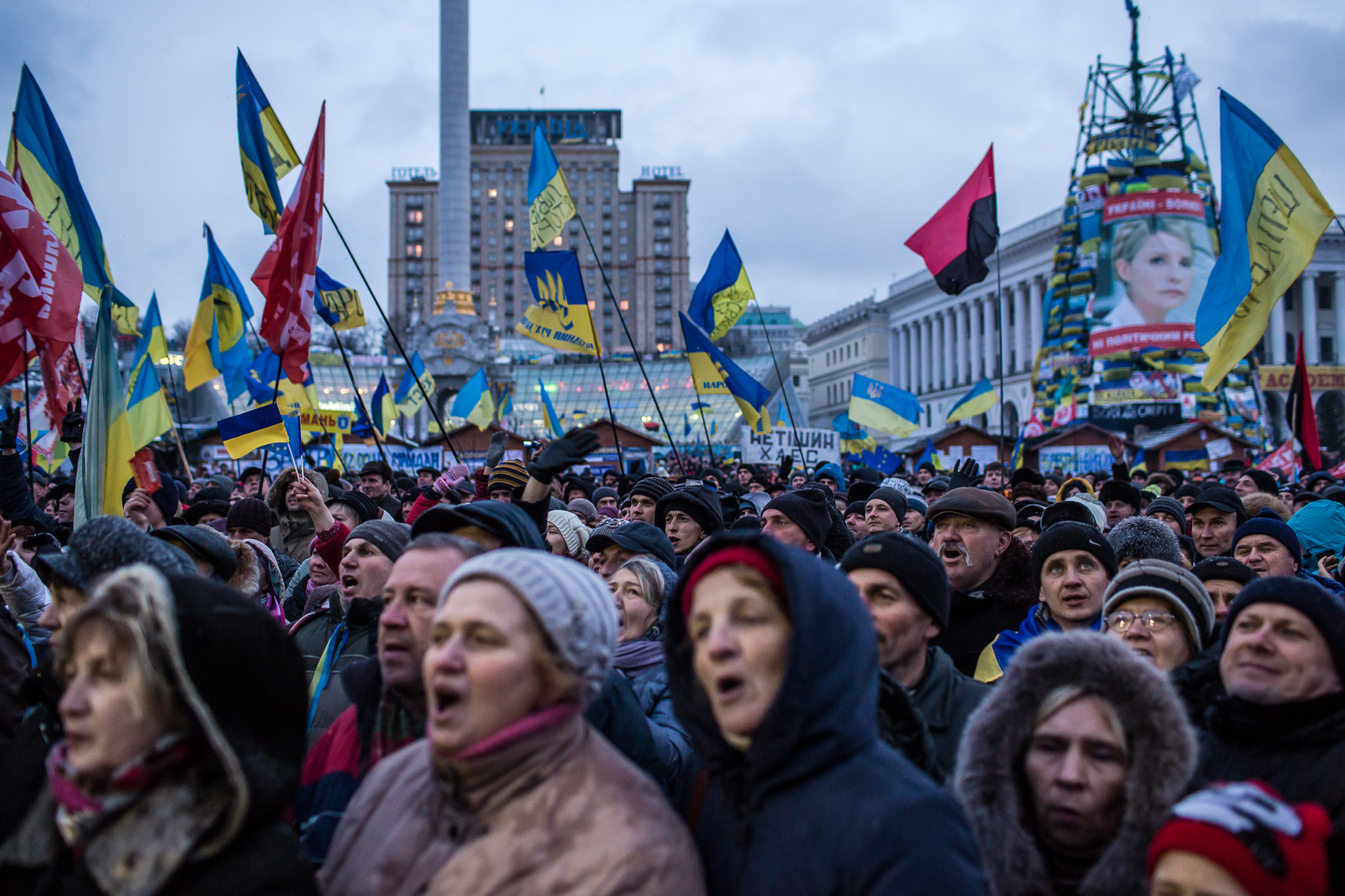  Anti-government protesters rally on Independence Square on December 7, 2013 in Kiev, Ukraine. Thousands of people have been protesting against the government since a decision by Ukrainian president Viktor Yanukovych to suspend a trade and partnershi