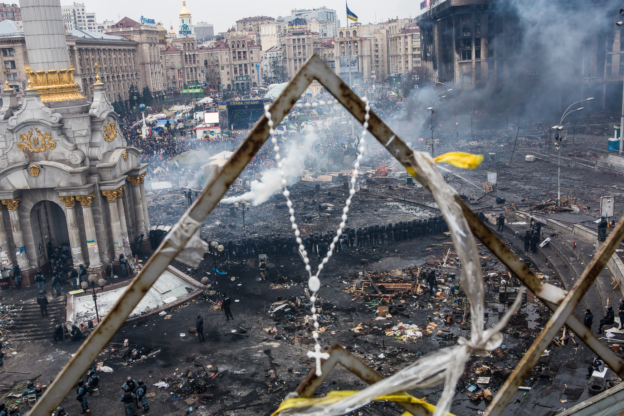  Police form a barrier in Independence Square on February 19, 2014 in Kiev, Ukraine. After several weeks of calm, violence has again flared between anti-government protesters and police as the Ukrainian parliament is meant to take up the question of 