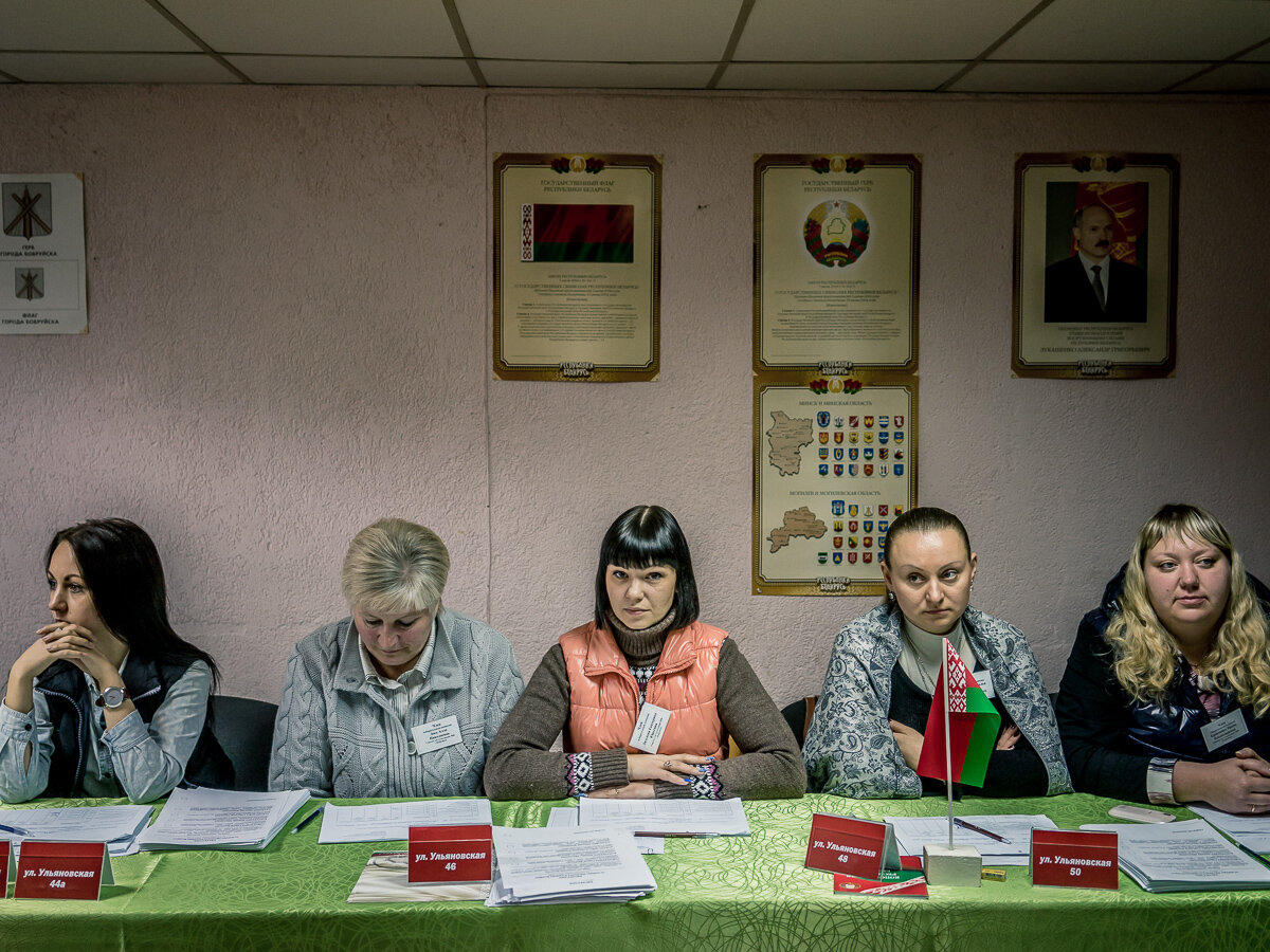  Election officials inside a polling station on Sunday, October 11, 2015 in Babruysk, Belarus. The town has been proposed to house a new Russian air base, though whether that will happen is questionable. 