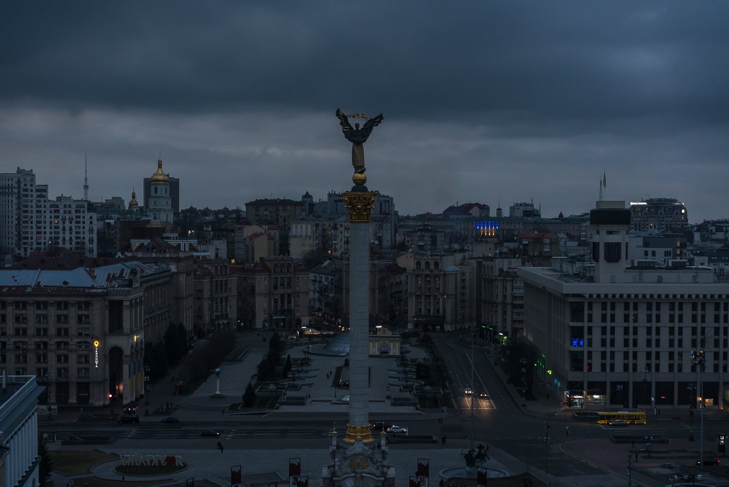  Maidan Nezalezhnosti, or Independence Square, at dusk on the first day of Russia's open invasion of the country on Thursday, February 24, 2022 in Kyiv, Ukraine. The square was the center of the 2014 revolution that ousted Kremlin-aligned Ukrainian p
