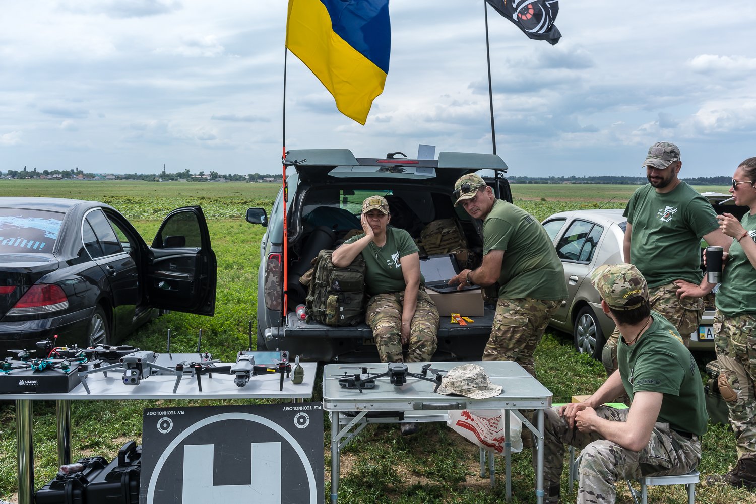  Instructors from Sky Spies UA prepare for a demonstration of drone tactics during a press event at a training ground on Thursday, June 15, 2023 in Kyiv region, Ukraine. 