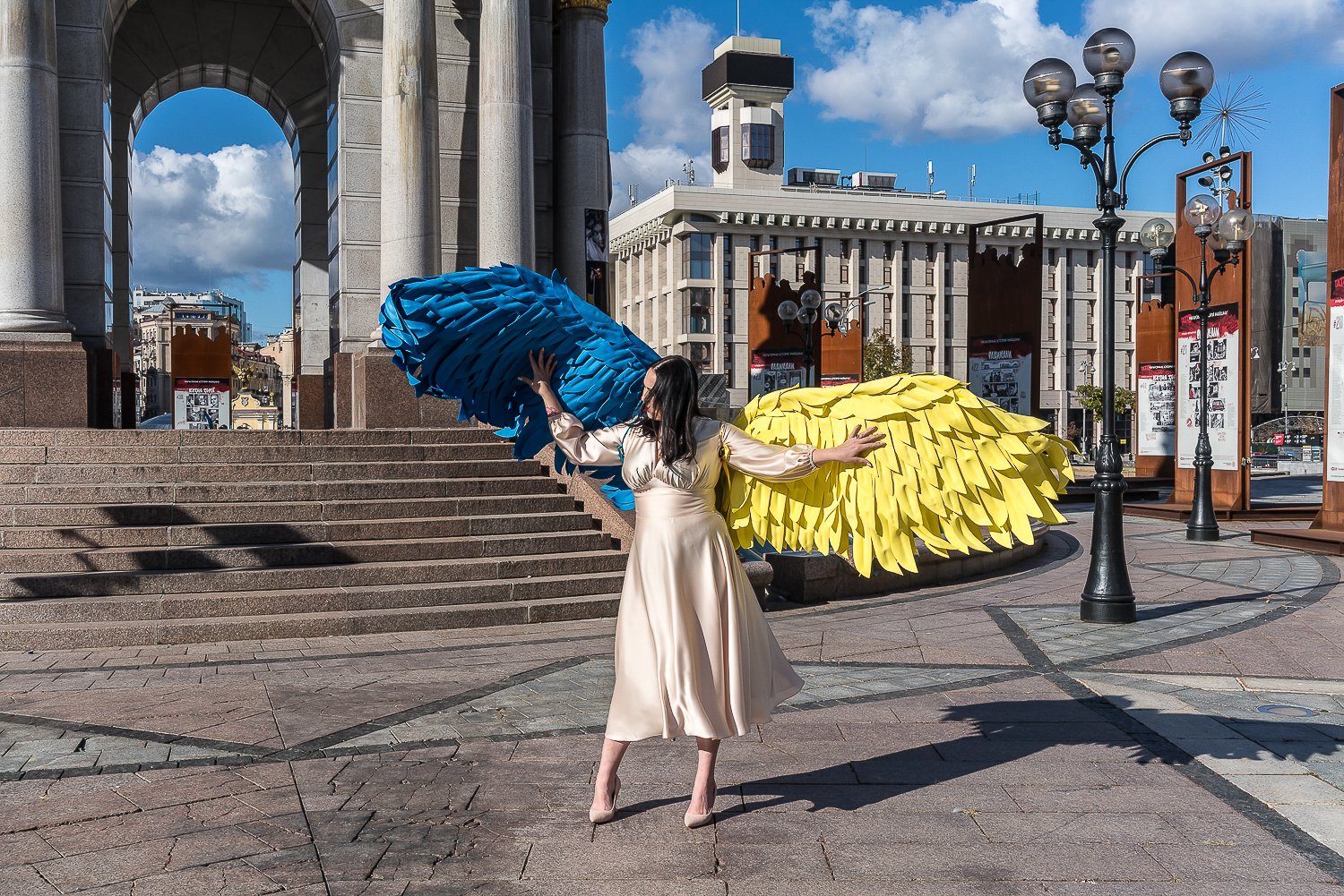  Yelena Pravda, who runs the Pravda fashion label, poses with Ukraine-themed wings in a photo shoot for a fundraising campaign to support women who were displaced from the eastern Ukrainian city of Bakhmut on Tuesday, October 17, 2023 in Kyiv, Ukrain