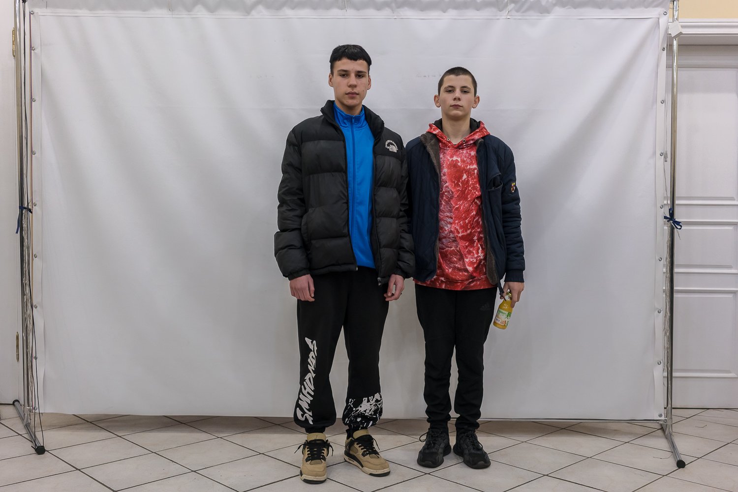  Artyom Zhuravlov, 15, left, and Serhiy Khimchak, 15, pose for a portrait at a welcome reception after traveling by bus from Riga, Latvia to Kyiv with 15 other children who were forcibly taken to Russia or Russian-controlled territories, on Thursday,
