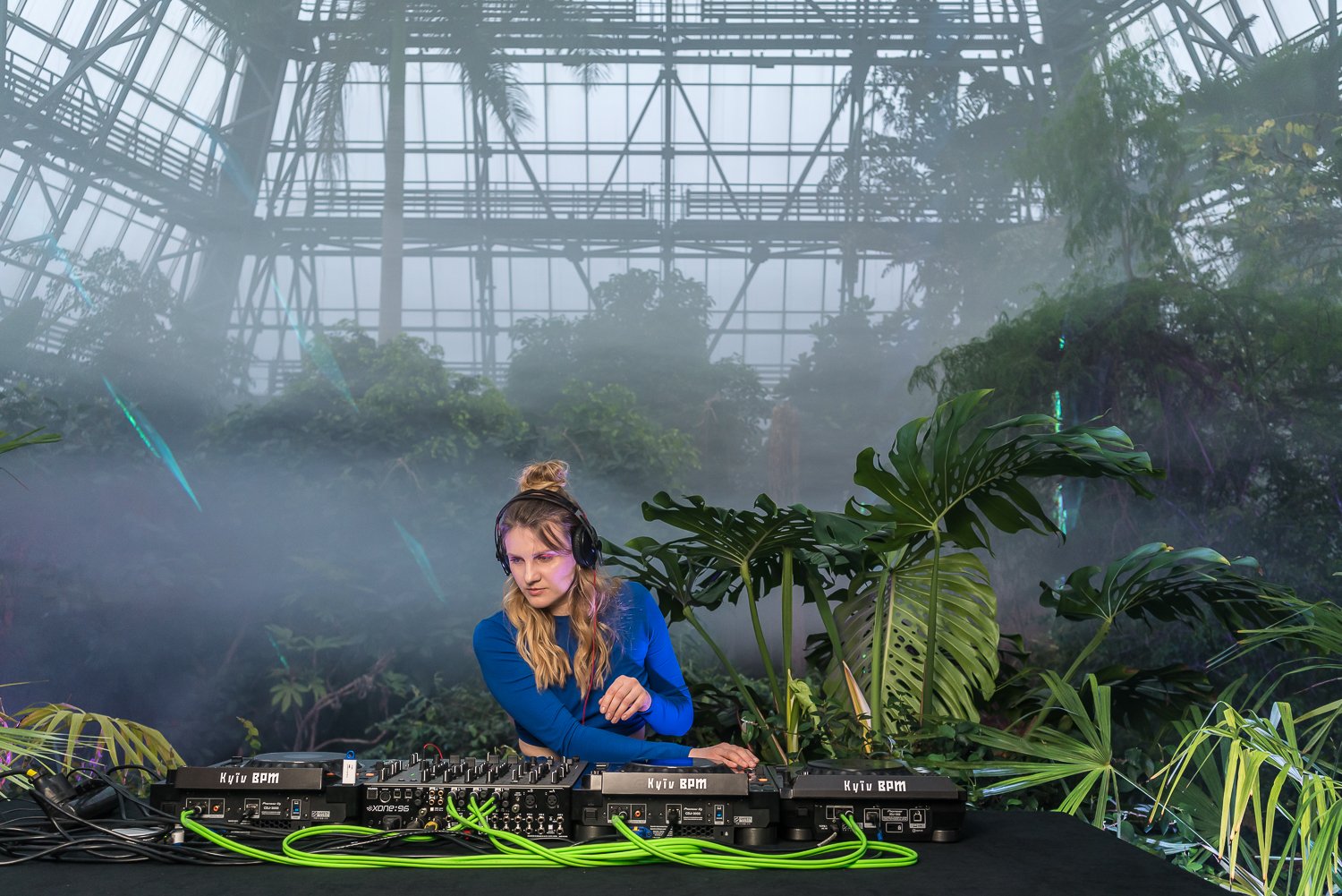  Mariia Zakaliuzhna, a DJ from Lviv who performs under the name MarichkaPorichka, peforms a set in a tropical greenhouse at the Kyiv Botanical Garden on Sunday, April 9, 2023 in Kyiv, Ukraine. The event was filmed and will be released on YouTube to r