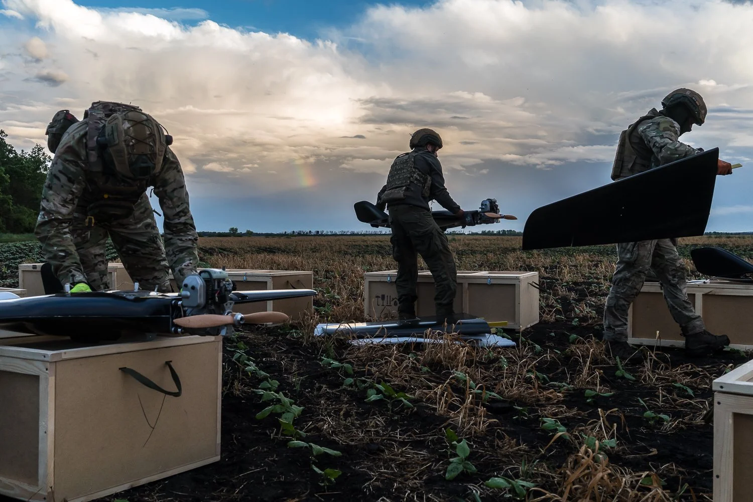  Soldiers from the First Separate Unmanned Aerial Systems Center prepare to launch Dragon drones at a target in Russia on Wednesday, May 27, 2026 from an undisclosed location in Ukraine. 