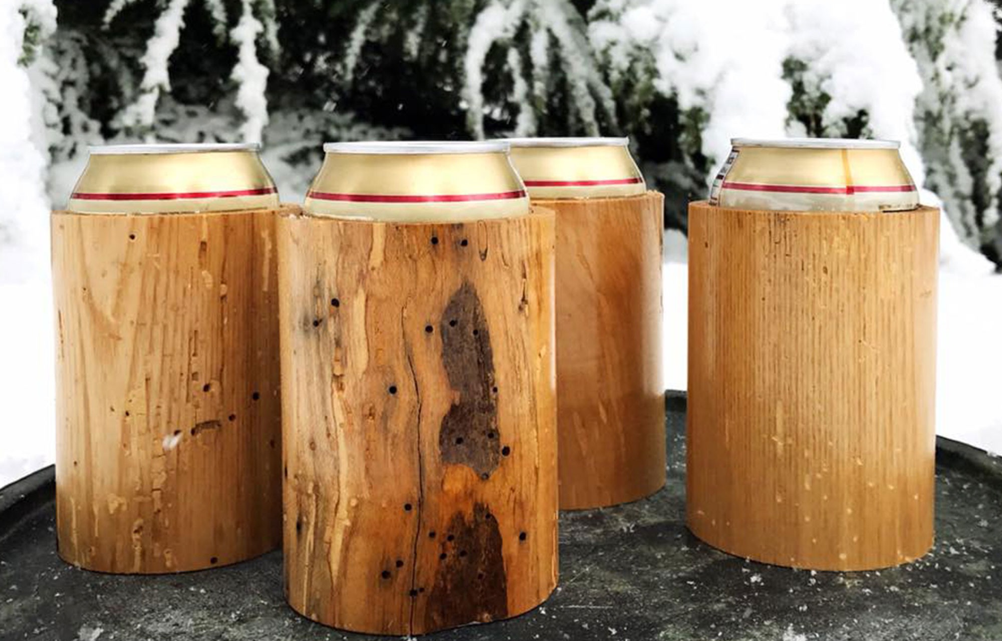 Handmade wooden Koozie from up cycled materials - graphic design of logo by megan alissa