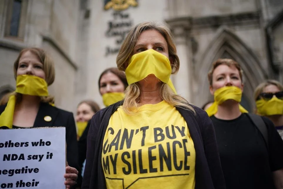 Zelda Perkins wearing Can't Buy My Silence tshirts
