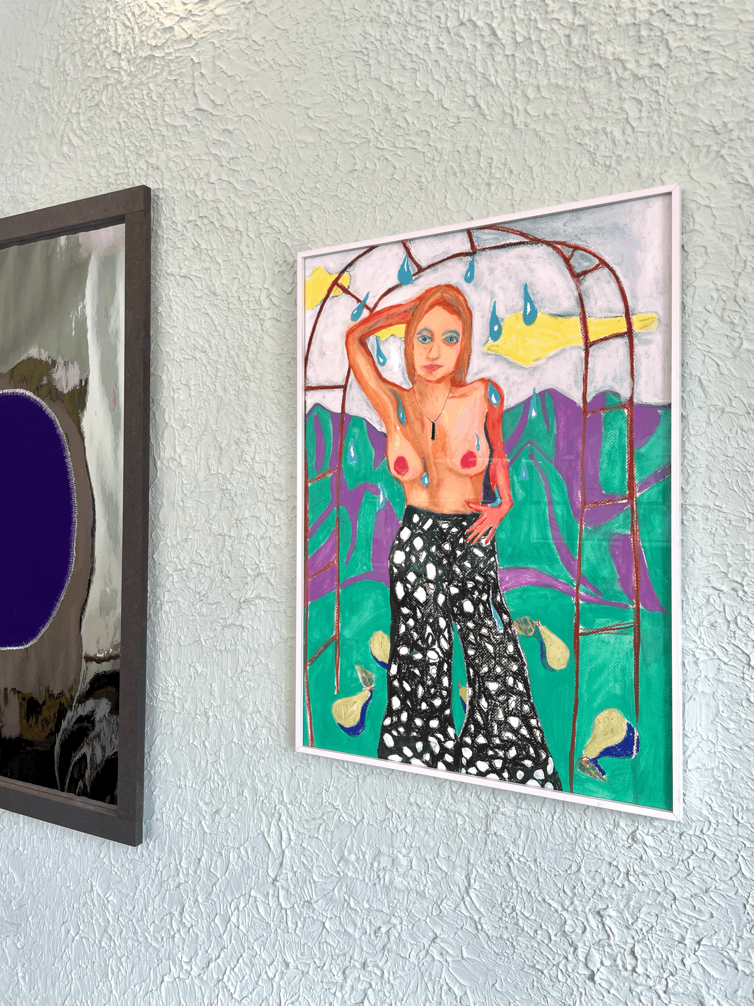 Ausstellungsansicht_ “face it” - Pop up Ausstellung @thecornershopbern. Ohne Titel, Gouache und Neocolor auf Papier, 80 × 50 cm