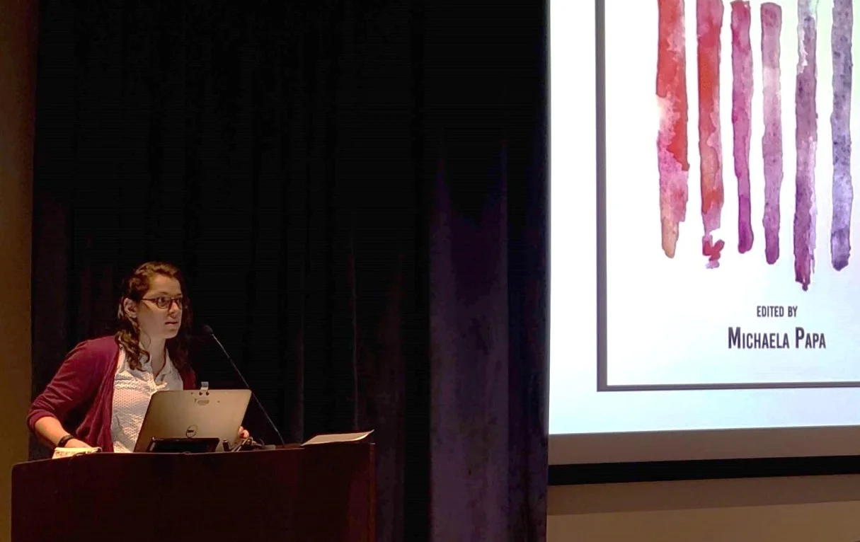 Michaela Papa discussing her book project at SCSU. The night was full of others discussing research, creativity, and innovation.