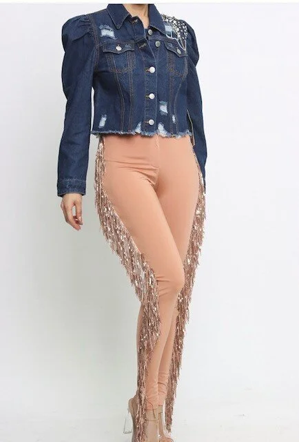 Crop Denim Jacket with Bling Details