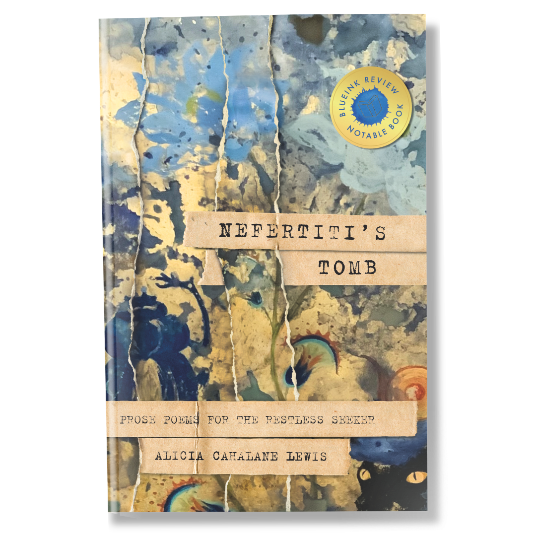 Book image of Nefertiti's Tomb: Prose Poems for the Restless Seeker. A painterly blue and gold book cover with Egyptian themes