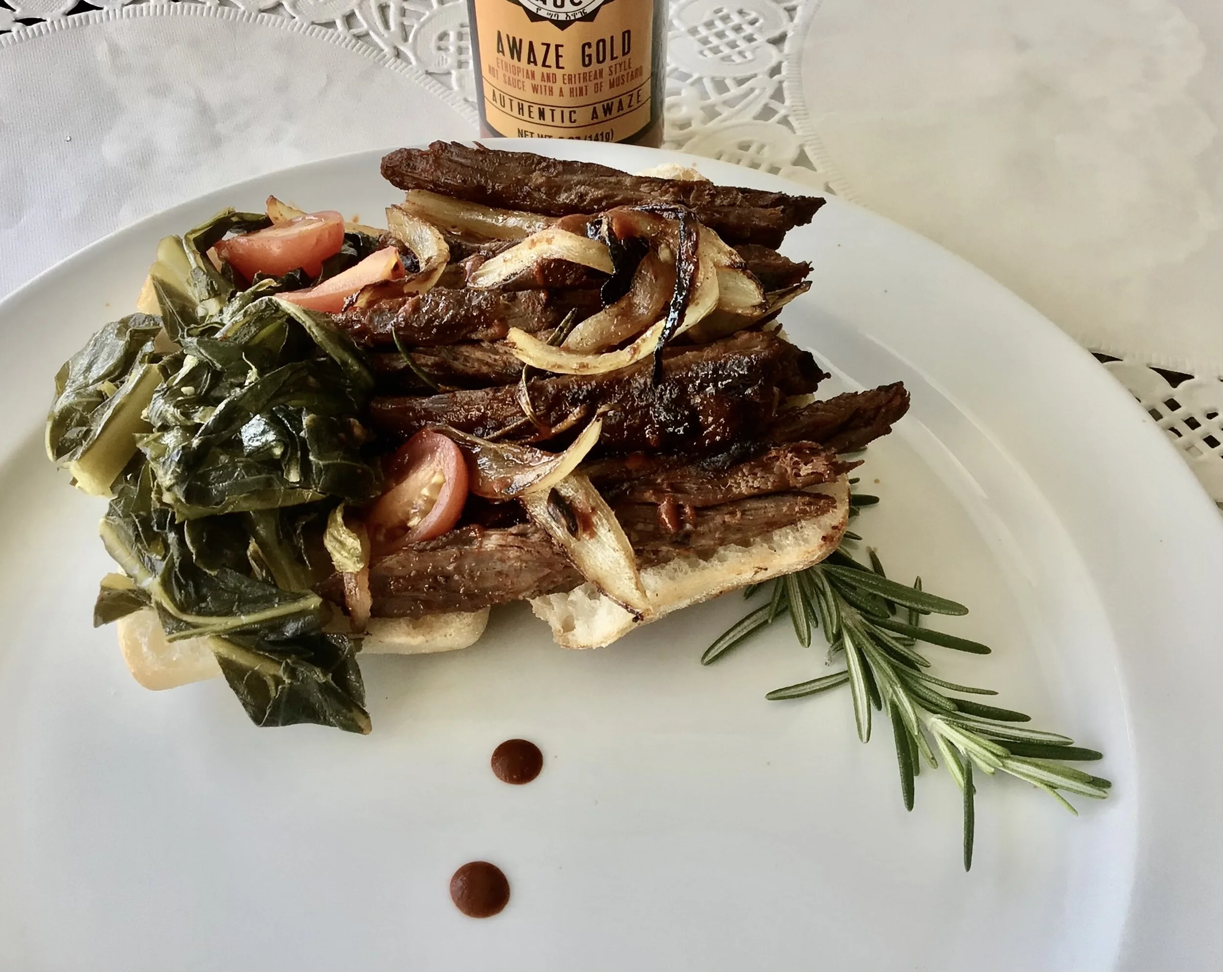 Best Awaze Steak Sandwich w/ side of kale or spinach