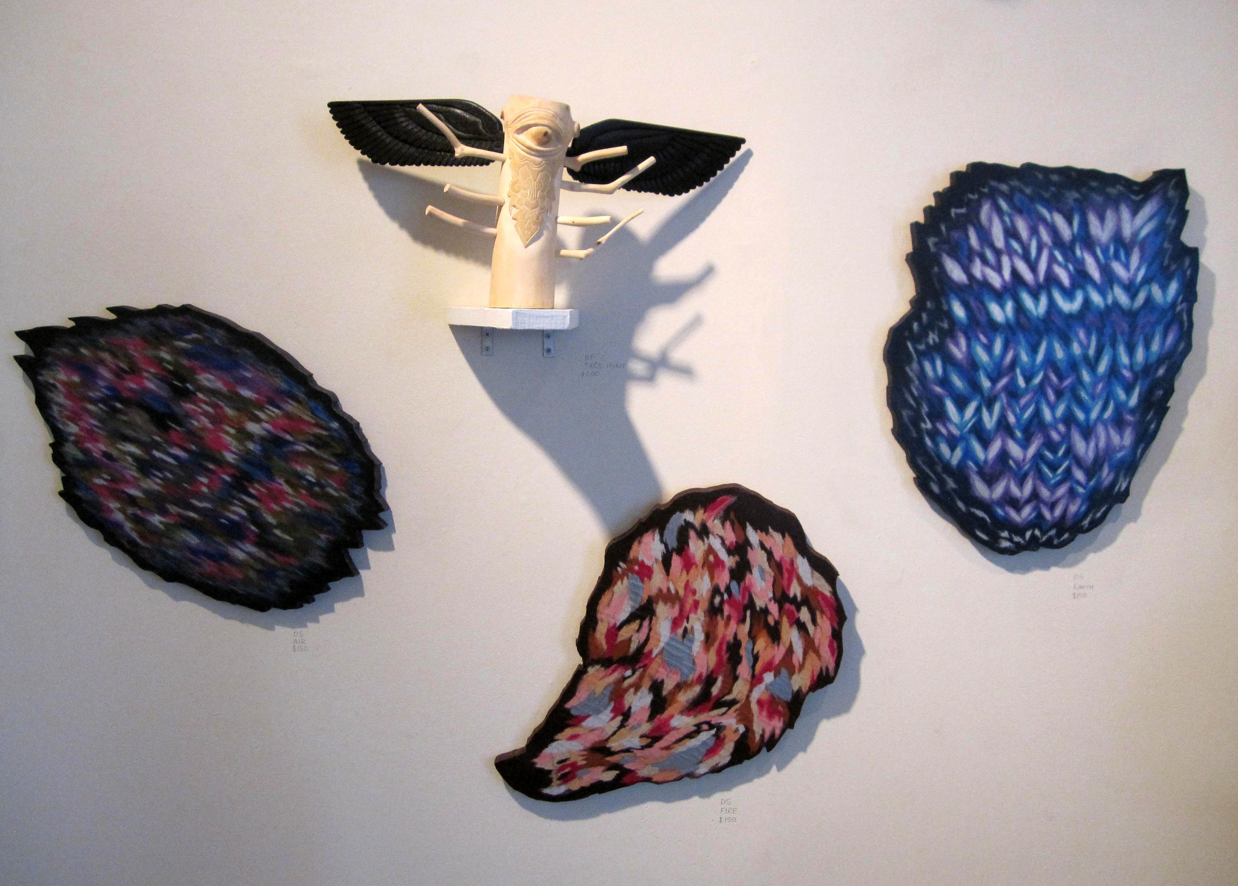  Hand carved wood sculpture by Becky Furey  Three drawings mounted on cut MDF by Dorothy Stucki 