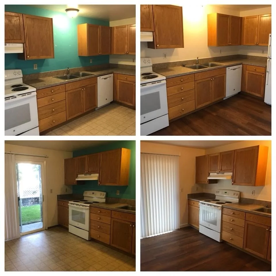 Before-and-after kitchen updates with fresh wall paint, new flooring and replacement blinds.