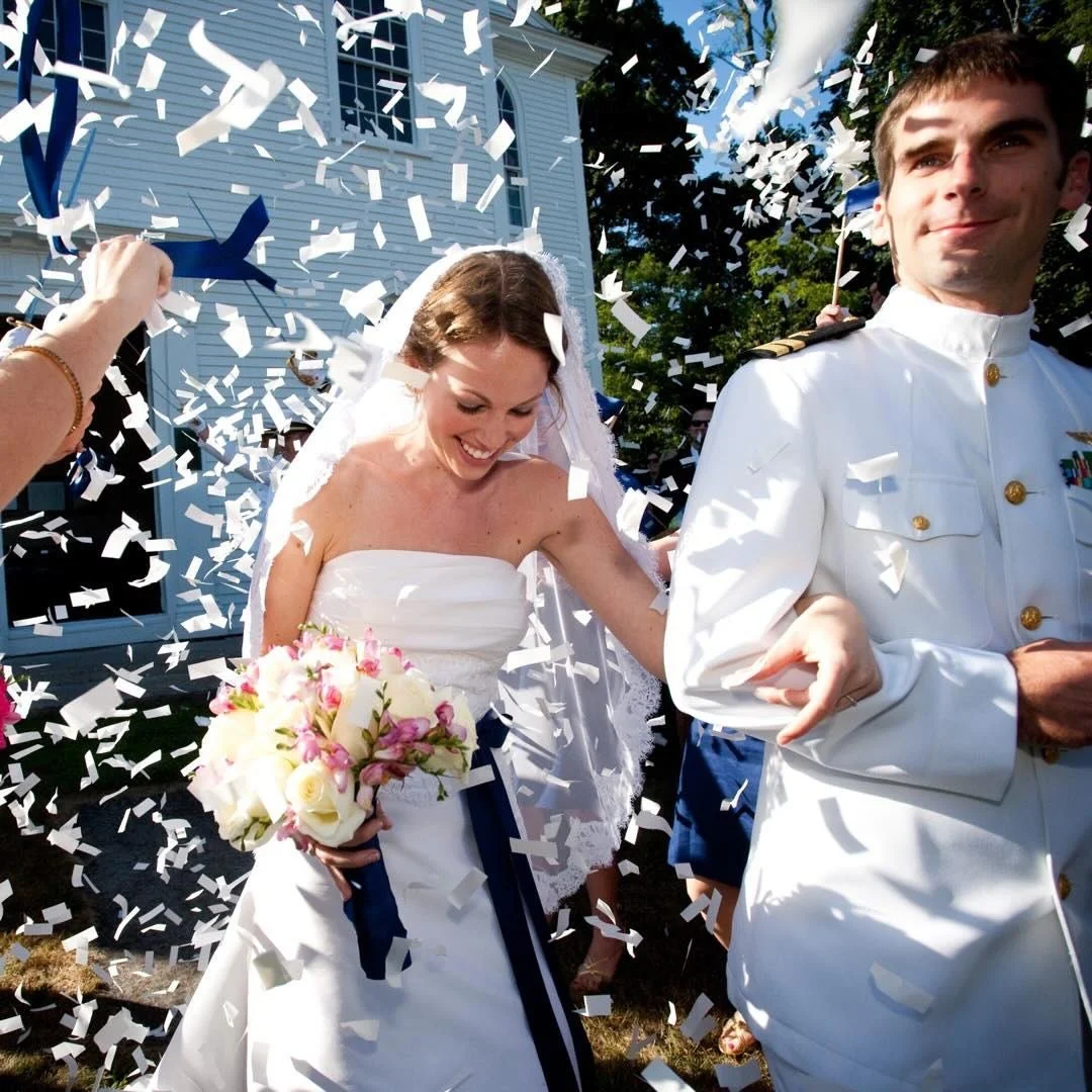 This moment from Felicity &amp; Stephen&rsquo;s gorgeous Maine coast Summer day is one of my favorite iconic wedding day moments. There are many moments swirling around in a wedding day, but leaving the church (this was a New England Meeting House) a