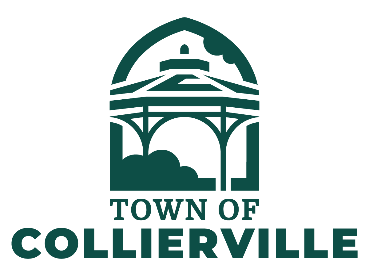 Logo for Town of Collierville featuring a stylized bridge, trees, and clouds in green.
