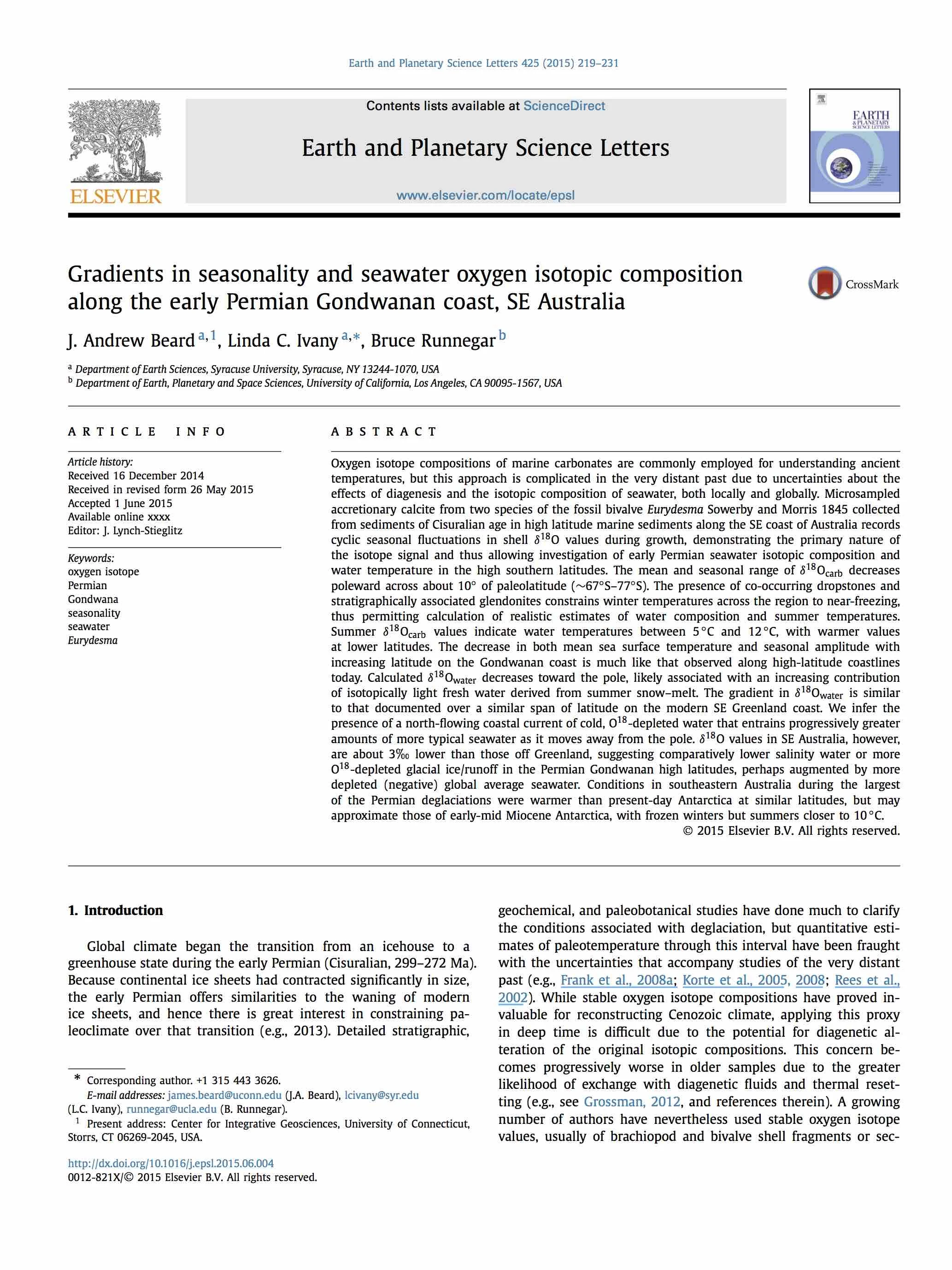 For full text, use the following URL: https://www.researchgate.net/publication/278404674_Gradients_in_seasonality_and_s eawater_oxygen_isotopic_composition_along_the_early_Permian_Gondwanan_coast_SE_Australia