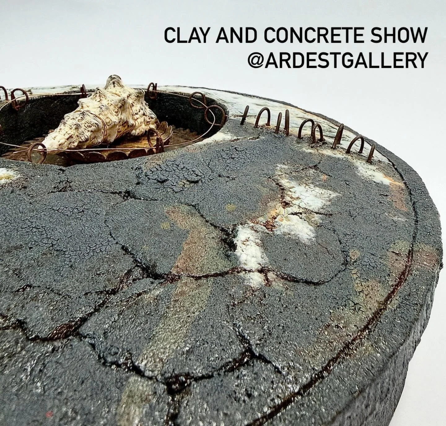 Shown: Earth Aegis - Stoneware Clay- Found Metal, Shell, gold wire. 13x13 wall hanging. Reception is Sat. March 7, 5-8 PM. Many wonderful artists with unique voices! Through March. Hours are 10-2 Wed-Friday and 10-4 on Saturday.