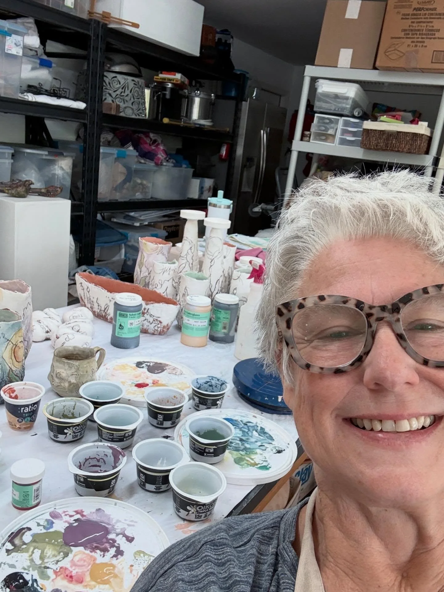 Final glaze push! ( you should see what&rsquo;s behind me!!😳) And my cofffee is dangerously close to the glaze pots&hellip;  See you at The Woodlands Waterway Art Festival! Booth 148 #howiamaco #newcolorways #ceramicvessels