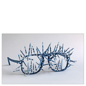 BACK OFF , 2011 How do you make sure people don’t get too close? 6″x6″x3″, mixed media: recycled eyeglass frames, paint, toothpicks, thread