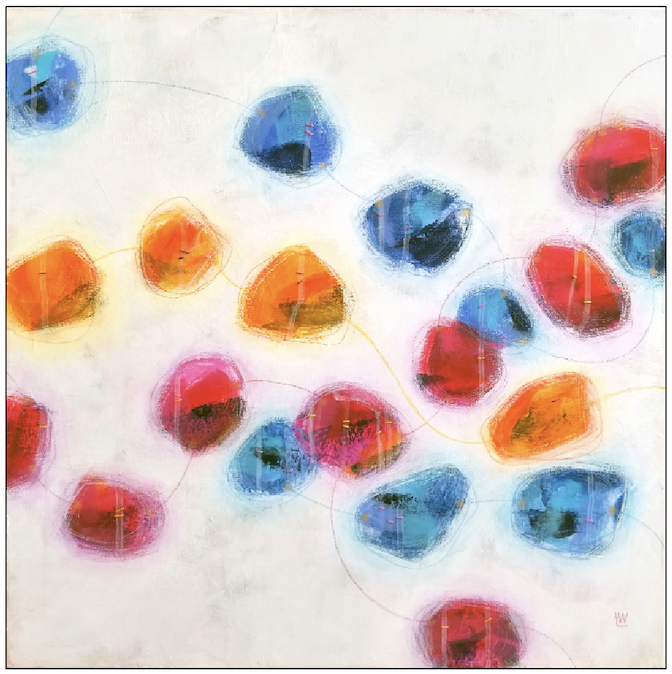 STEPPING STONES 2018, Media: Acrylics, thread, watercolor crayon, poetry on canvas 24”x24”x1.5” USD$950