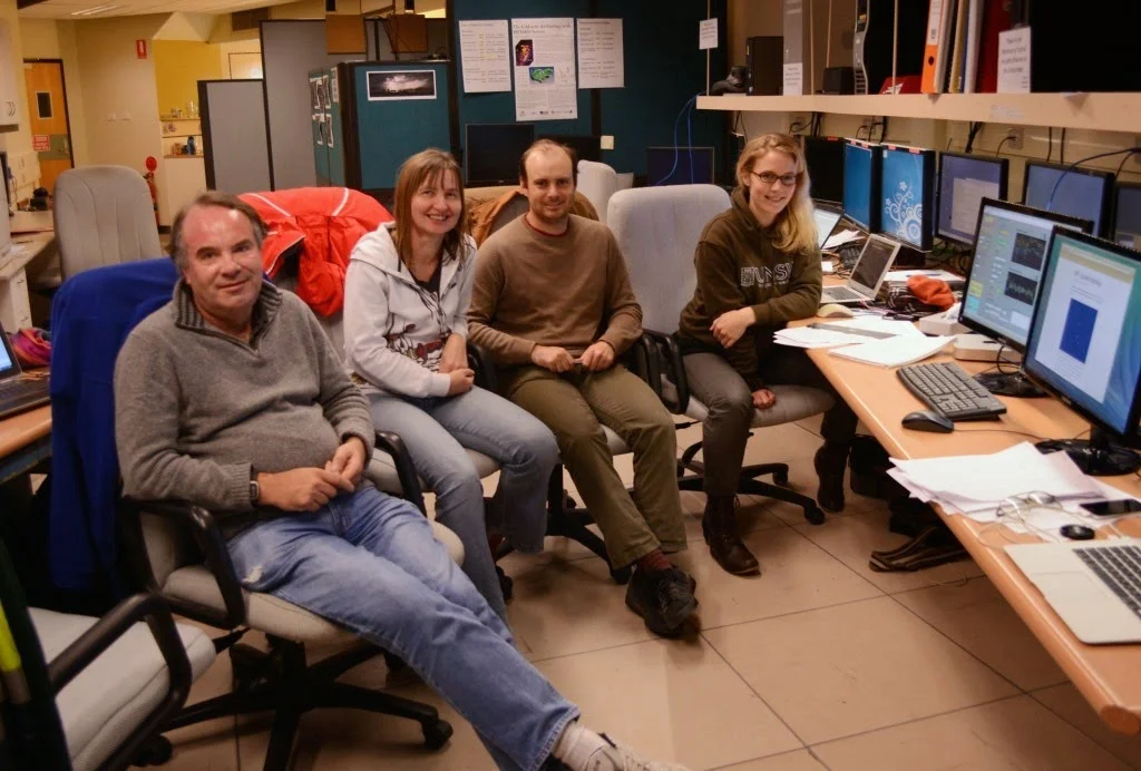 The HiPPI commissioning team in the AAT control room. &nbsp;L-to-R:&nbsp;Jeremy Bailey, Lucyna Kedziora-Chudczer,&nbsp;Daniel Cotton, Kim Bott