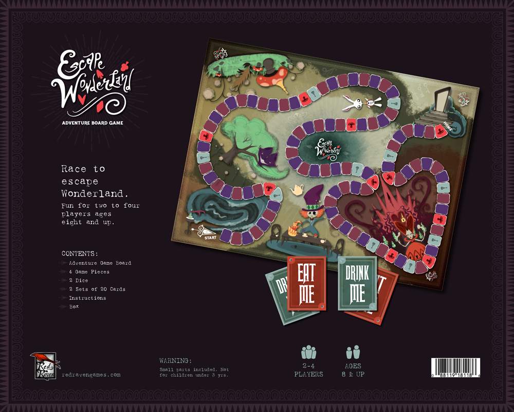 Using a pair of dice, players move across the board and randomly have a chance to land on a mushroom space, where they would pick from the “Eat Me” card pile, or a potion bottle space, where they would pick from the “Drink Me” card pile. Random surprises and hidden messages within the game make it a fun experience for all!