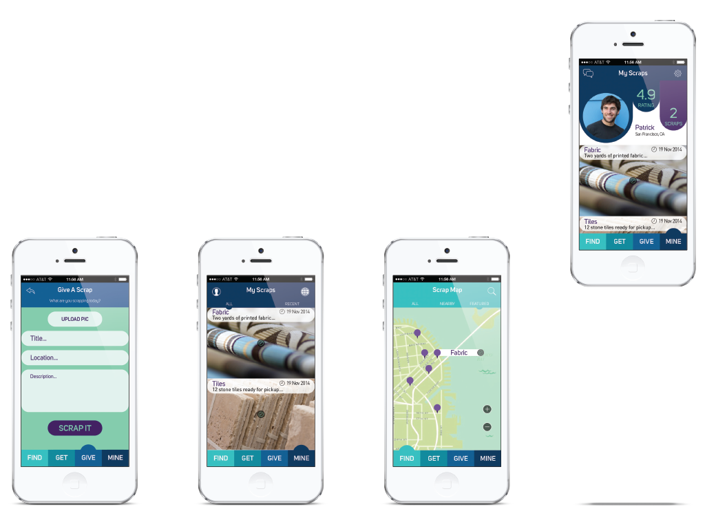 This app was designed to quickly connect users with the resources they need that will benefit a vast array of people within the bay area. Bright bubbly shapes and simple interface consistently exhibits a friendly design approach to inspire all types of creative people to turn someone else’s trash into treasure.