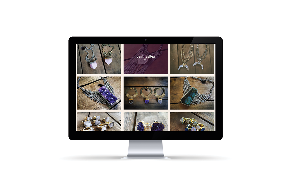 Computer monitor displaying images of various jewelry pieces including necklaces, earrings, and rings.