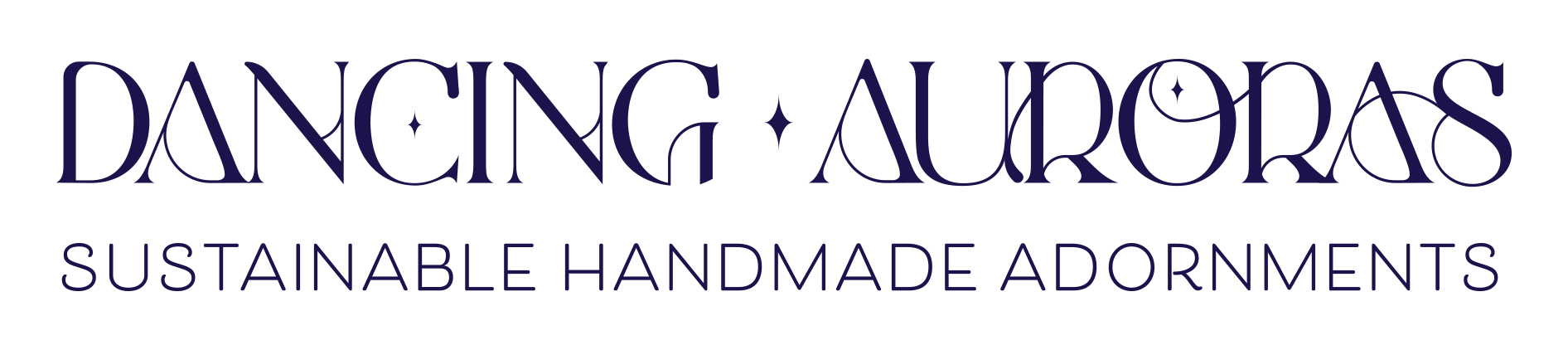 Logo for Dancing Auroras, sustainable handmade adornments, featuring dark purple text and star elements.