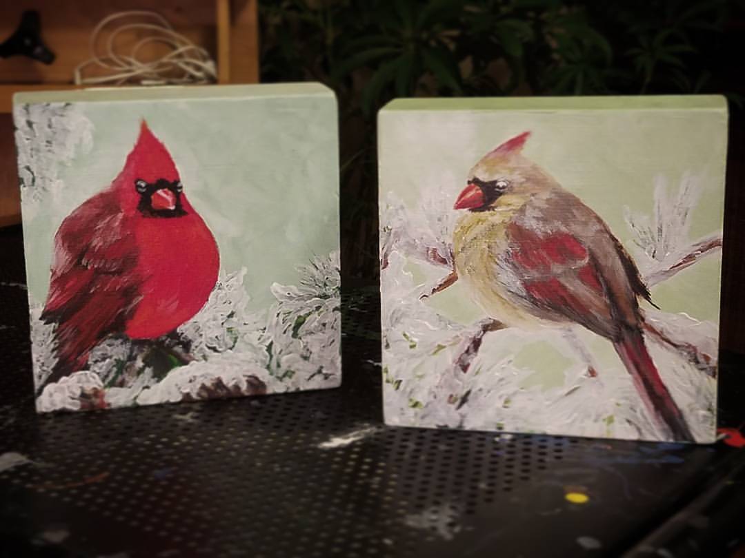 Cardinals in Winter, 6"x6" (x2)
