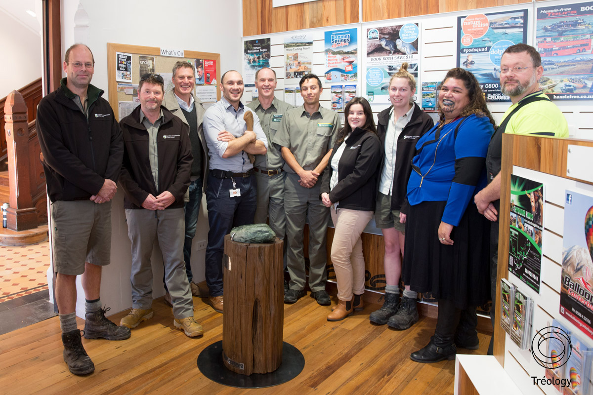 Andrew Davies (third from the left) with Doc staff at the ceremony for the arrival of the Pounamu at the i-site visitor centre.