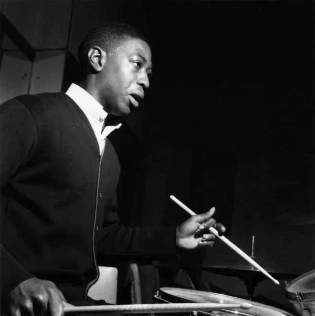 Roger Humphries at Rudy Van Gelder’s Englewood Cliffs, New Jersey, studio during Horace Silver’s Song for My Father session, October 26, 1964. Photo by Francis Wolff and courtesy of Blue Note Records.