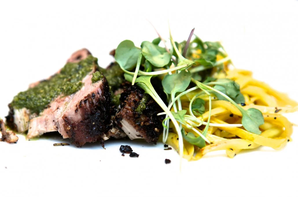 Grilled Pork Tenderloin with Sautéed Summer Squash & Mint Sauce