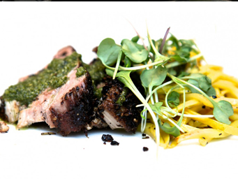 Grilled Pork Tenderloin with Sautéed Summer Squash & Mint Sauce