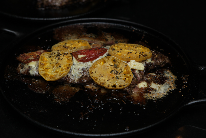 Grilled Skirt Steak with Creamy Gorgonzola & Heirloom Tomatoes