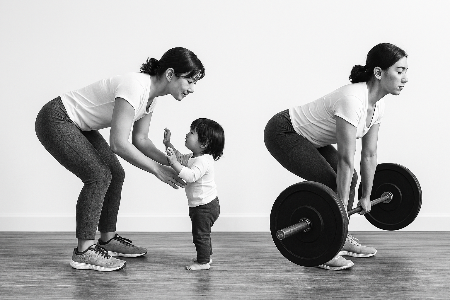 Mom picking up child and side by side deadlift comparison